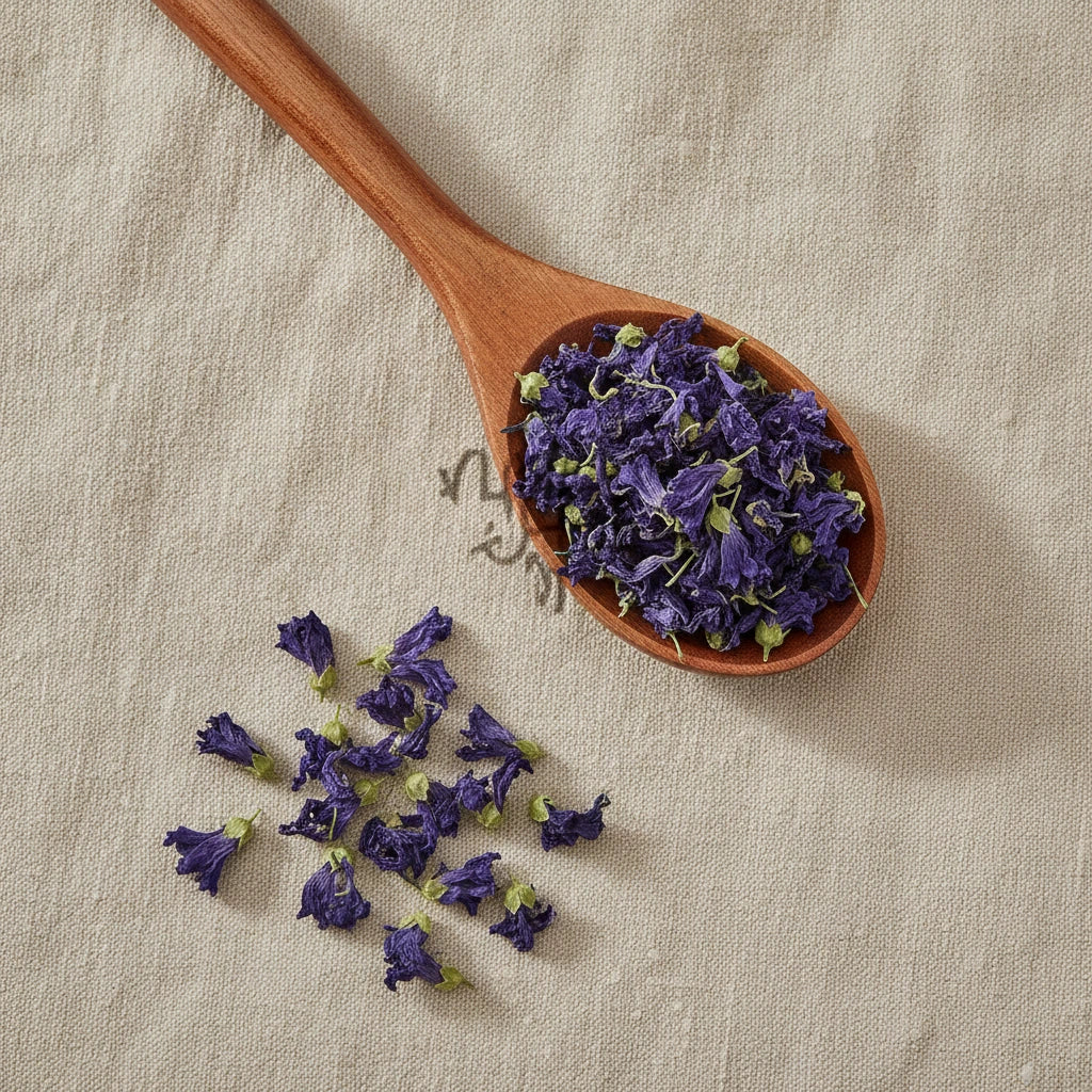 Blue Malva Flowers Whole (Malva Sylvestris) | Create a luxurious, photorealistic product photograph featuring the original product naturally arranged in an elegant handcrafted wooden spoon on a soft, finely