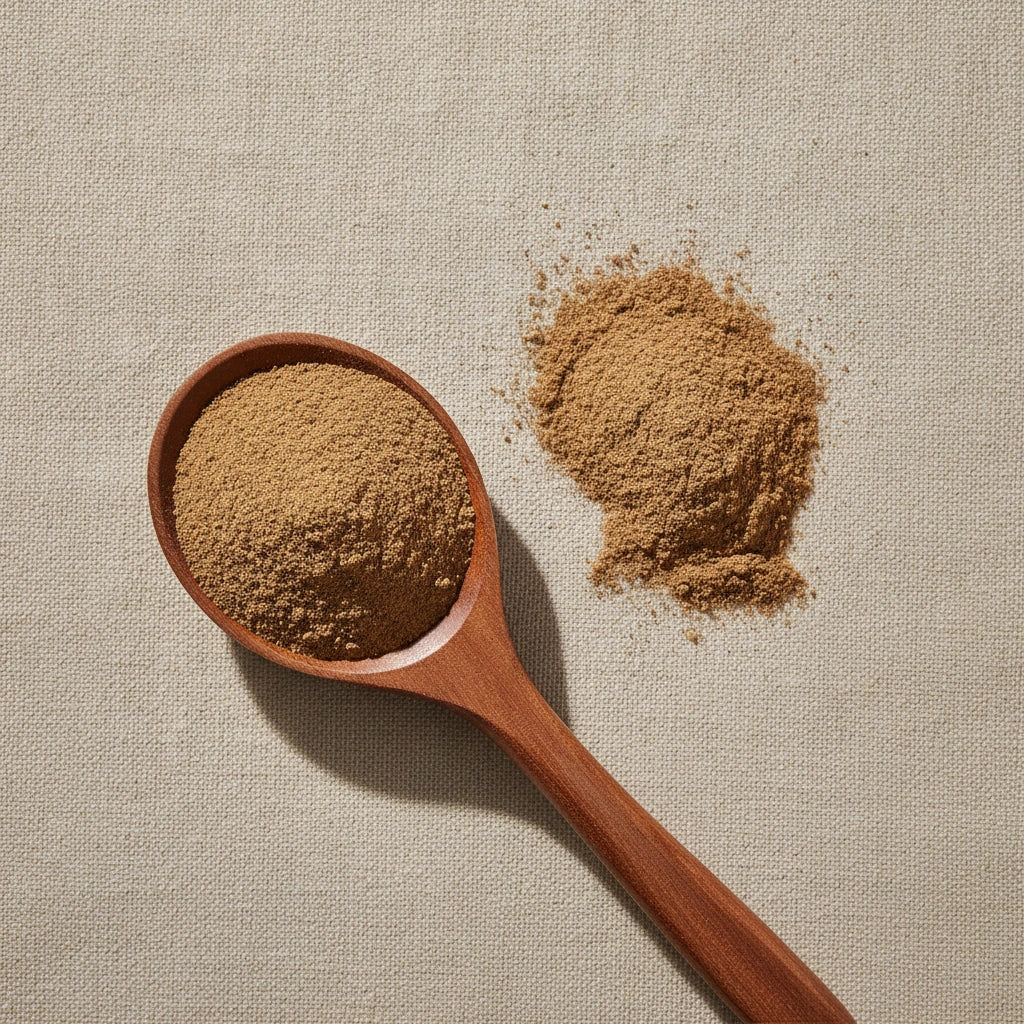 Boneset Herb Powder (Eupatorium Perfoliatum) | Create a luxurious, photorealistic product photograph featuring the original product naturally arranged in an elegant handcrafted wooden spoon on a soft, finely