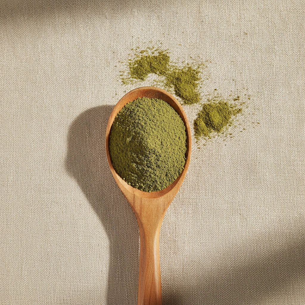 Brahmi Powder (Bacopa Monnieri) | Create a luxurious, photorealistic product photograph featuring the original product naturally arranged in an elegant handcrafted wooden spoon on a soft, finely