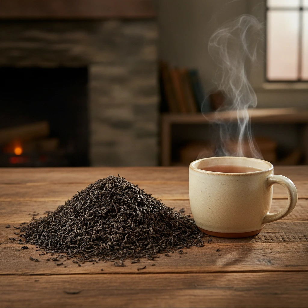 Broken Orange Pekoe Ceylon Black Tea (Camellia Sinensis) | Can you show this tea outside of the bag and bowl, on a table next to a hot tea cup in a rustic home.