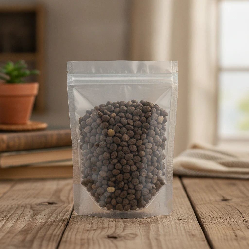 Brucea Fruit Whole (Brucea Javanica) | The herb/berry/powder/fruit/root/bark that is in the black bowl, i would like it to shown in a plastic stand up resalable pouch that is clear.