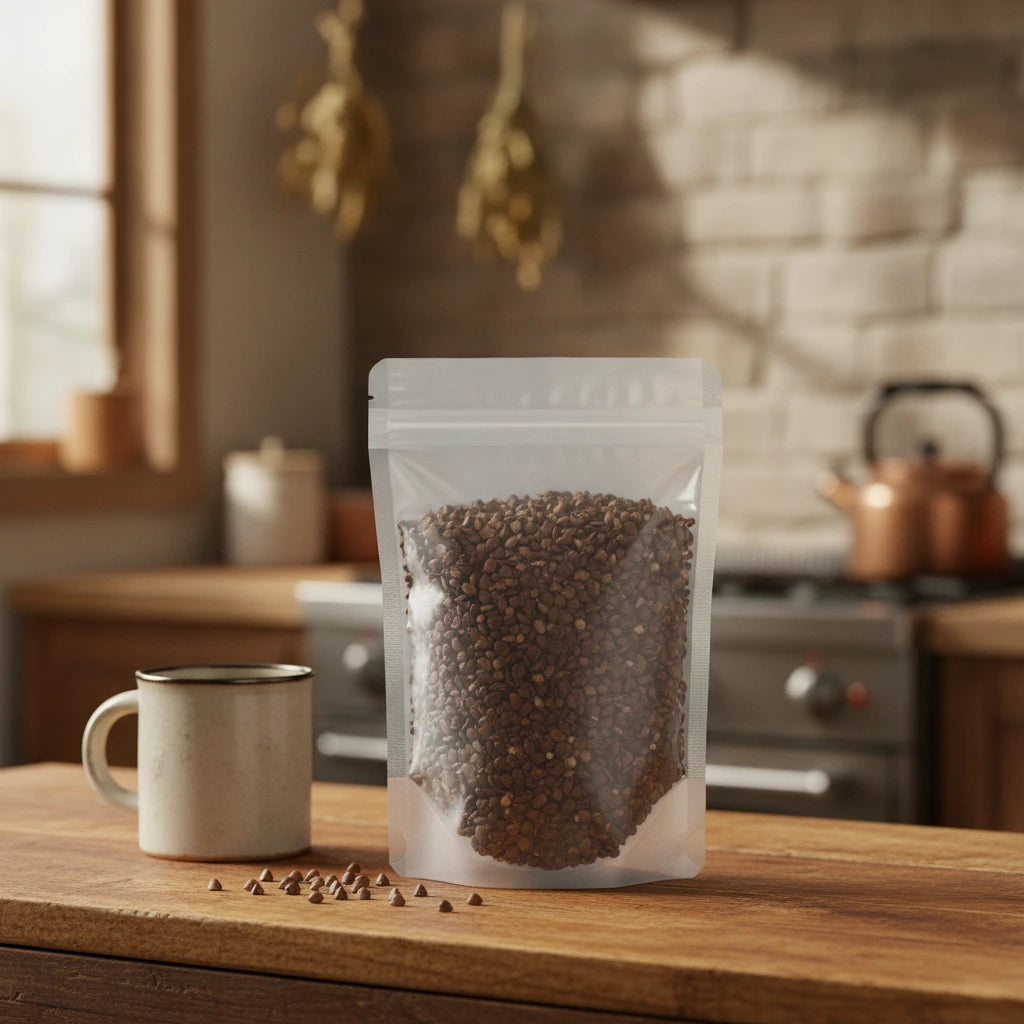 Buckwheat Hulls (Fagopyrum Esculentum) | The herb/berry/powder/fruit/root/bark that is in the black bowl, i would like it to shown in a plastic stand up resalable pouch that is clear.