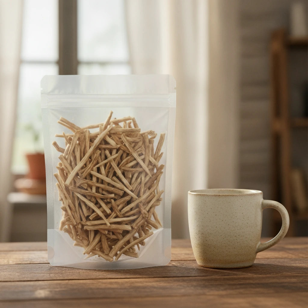 Bupleurum Root Pieces (Bupleurum Scorzonerifolium) | The herb/berry/powder/fruit/root/bark that is in the black bowl, i would like it to shown in a plastic stand up resalable pouch that is clear.