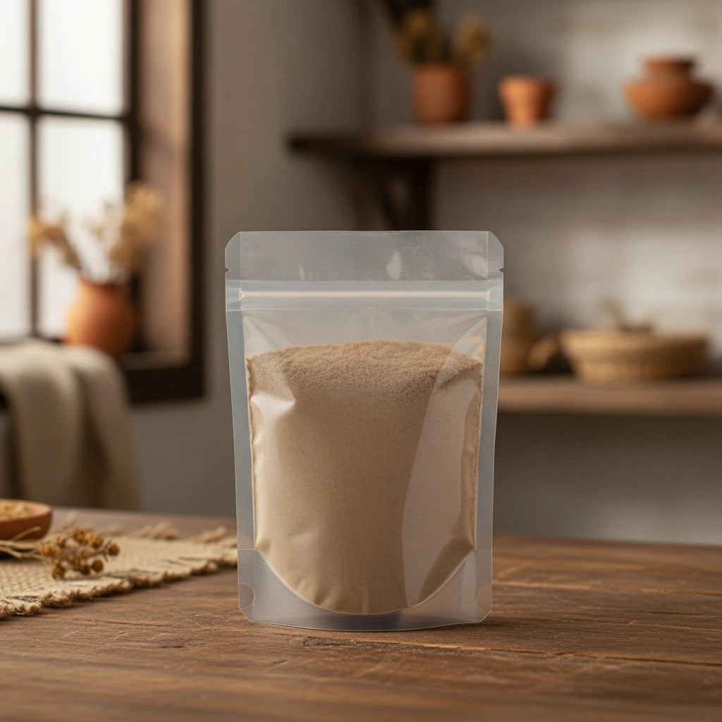 Bupleurum Root Powder (Bupleurum Scorzonerifolium) | The herb/berry/powder/fruit/root/bark that is in the black bowl, i would like it to shown in a plastic stand up resalable pouch that is clear.