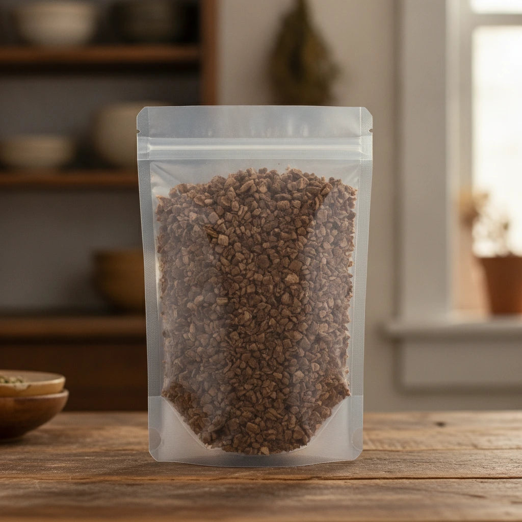 Burdock Root Cut (Arctium Lappa) | The herb/berry/powder/fruit/root/bark that is in the black bowl, i would like it to shown in a plastic stand up resalable pouch that is clear.