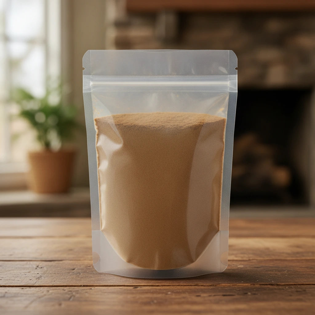 Burdock Root Powder (Arctium Lappa) | The herb/berry/powder/fruit/root/bark that is in the black bowl, i would like it to shown in a plastic stand up resalable pouch that is clear.
