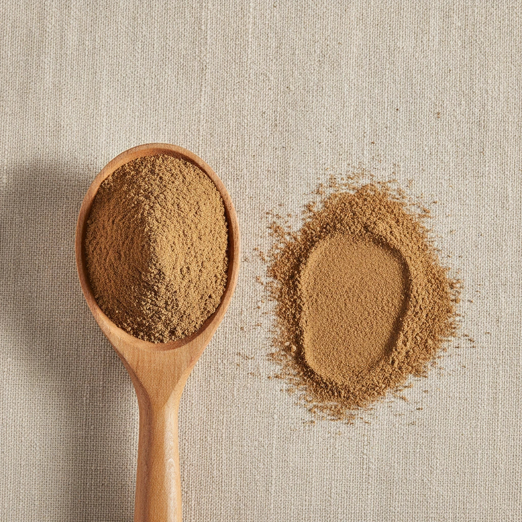 Burdock Root Powder (Arctium Lappa) | Create a luxurious, photorealistic product photograph featuring the original product naturally arranged in an elegant handcrafted wooden spoon on a soft, finely