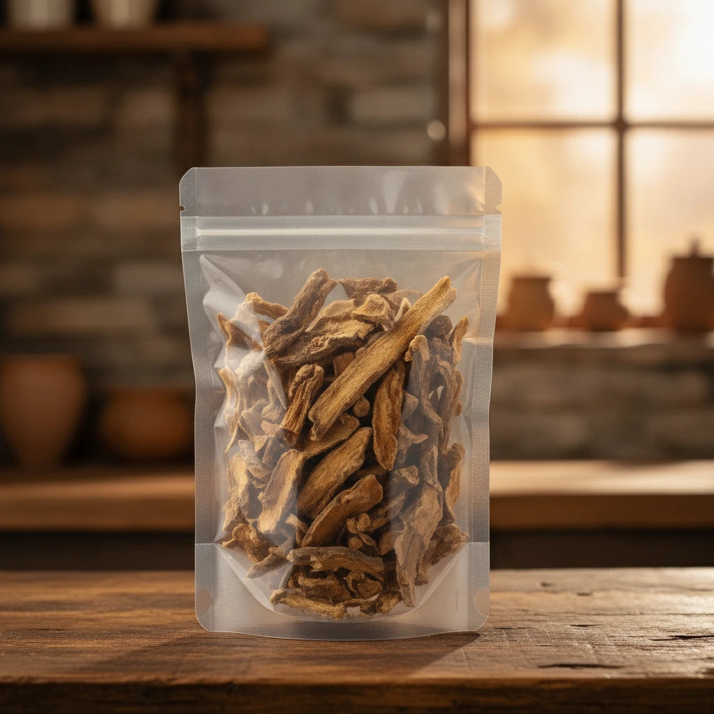 Burnet Root Pieces (Sanguisorba Officinalis) | The herb/berry/powder/fruit/root/bark that is in the black bowl, i would like it to shown in a plastic stand up resalable pouch that is clear.