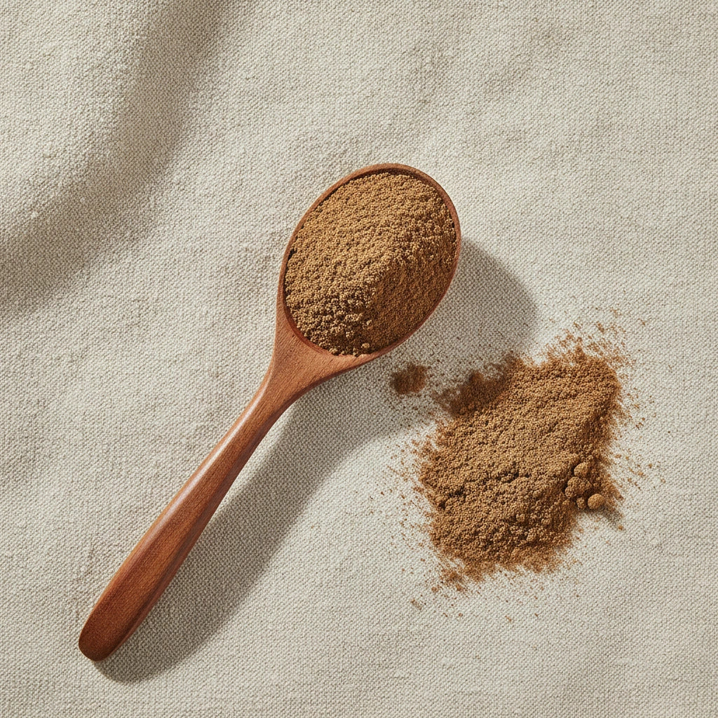 Calaguala Root Powder (Polypodium Leucotomos) | Create a luxurious, photorealistic product photograph featuring the original product naturally arranged in an elegant handcrafted wooden spoon on a soft, finely