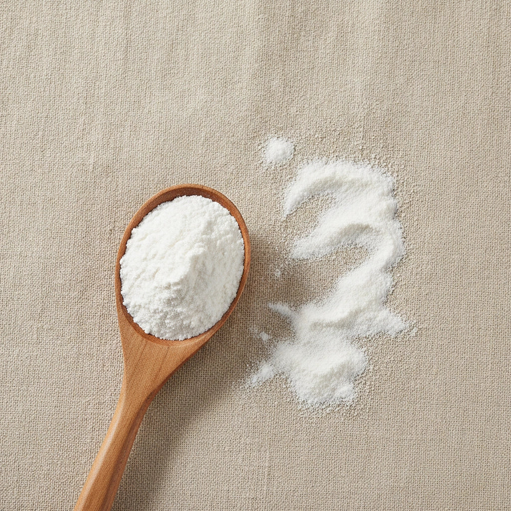 Calcined Clam Shell Powder (Cyclina Sinensis) | Create a luxurious, photorealistic product photograph featuring the original product naturally arranged in an elegant handcrafted wooden spoon on a soft, finely
