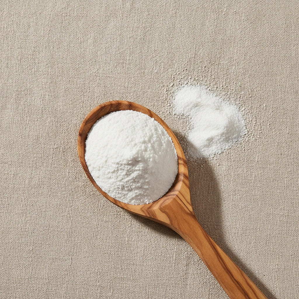 Calcium Citrate Powder (2-hydroxypropane-1,2,3-tricarboxylate) | Create a luxurious, photorealistic product photograph featuring the original product naturally arranged in an elegant handcrafted wooden spoon on a soft, finely