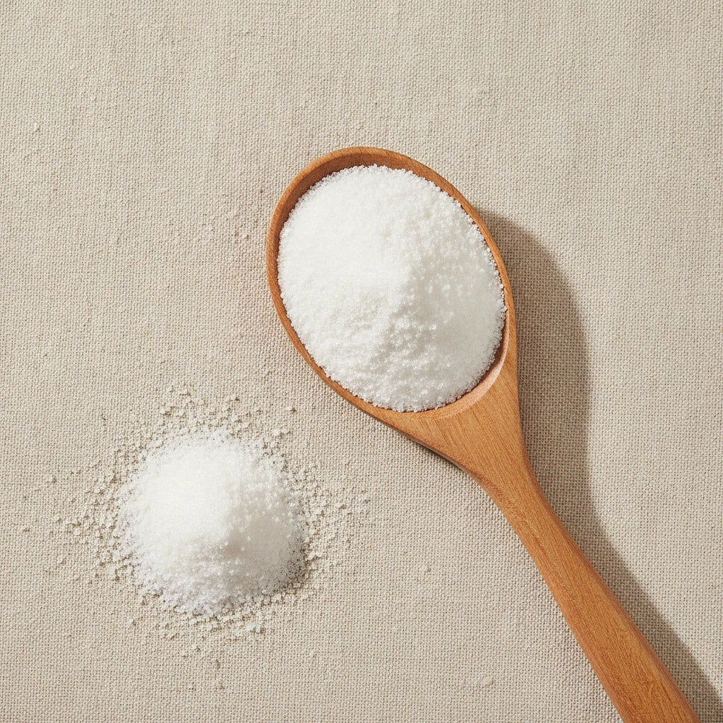 Camphor Powder (Cinnamomum Camphora) | Create a luxurious, photorealistic product photograph featuring the original product naturally arranged in an elegant handcrafted wooden spoon on a soft, finely