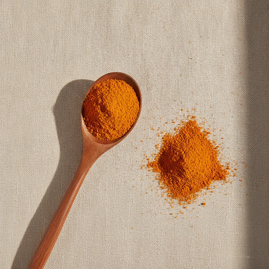 Cape Jasmine Fruit Powder (Gardenia Jasminoides) | Create a luxurious, photorealistic product photograph featuring the original product naturally arranged in an elegant handcrafted wooden spoon on a soft, finely