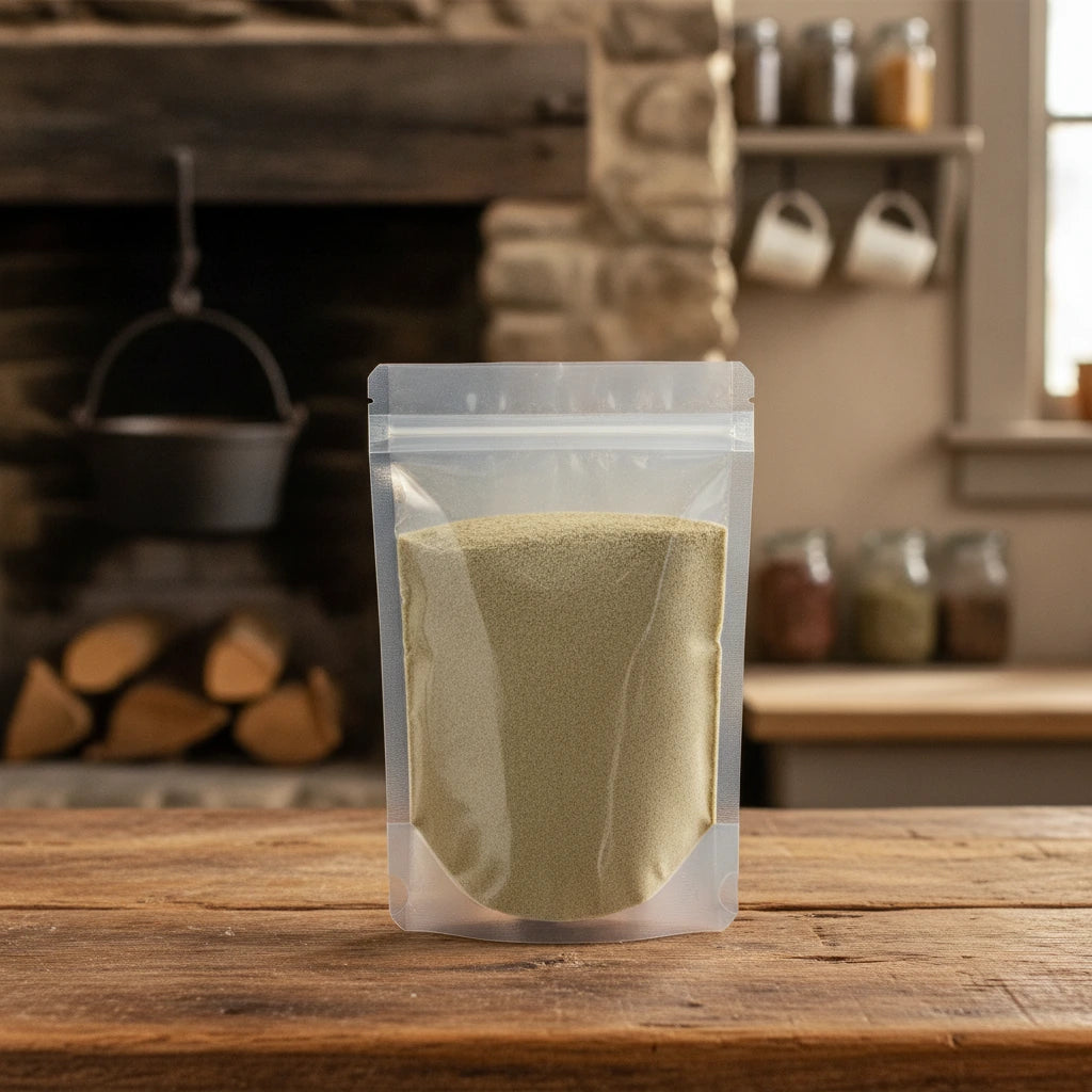 Cardamom Powder (Elettaria Cardamomum) | The herb/berry/powder/fruit/root/bark that is in the black bowl, i would like it to shown in a plastic stand up resalable pouch that is clear.