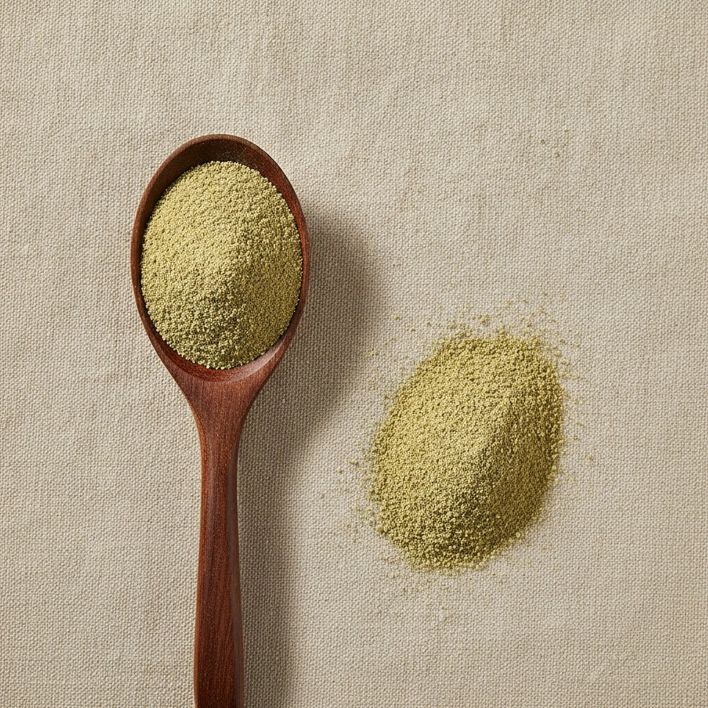 Cardamom Powder (Elettaria Cardamomum) | Create a luxurious, photorealistic product photograph featuring the original product naturally arranged in an elegant handcrafted wooden spoon on a soft, finely