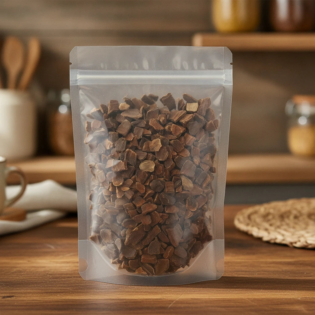 Carob Bean Pods Cut (Ceratonia Siliqua) | The herb/berry/powder/fruit/root/bark that is in the black bowl, i would like it to shown in a plastic stand up resalable pouch that is clear.