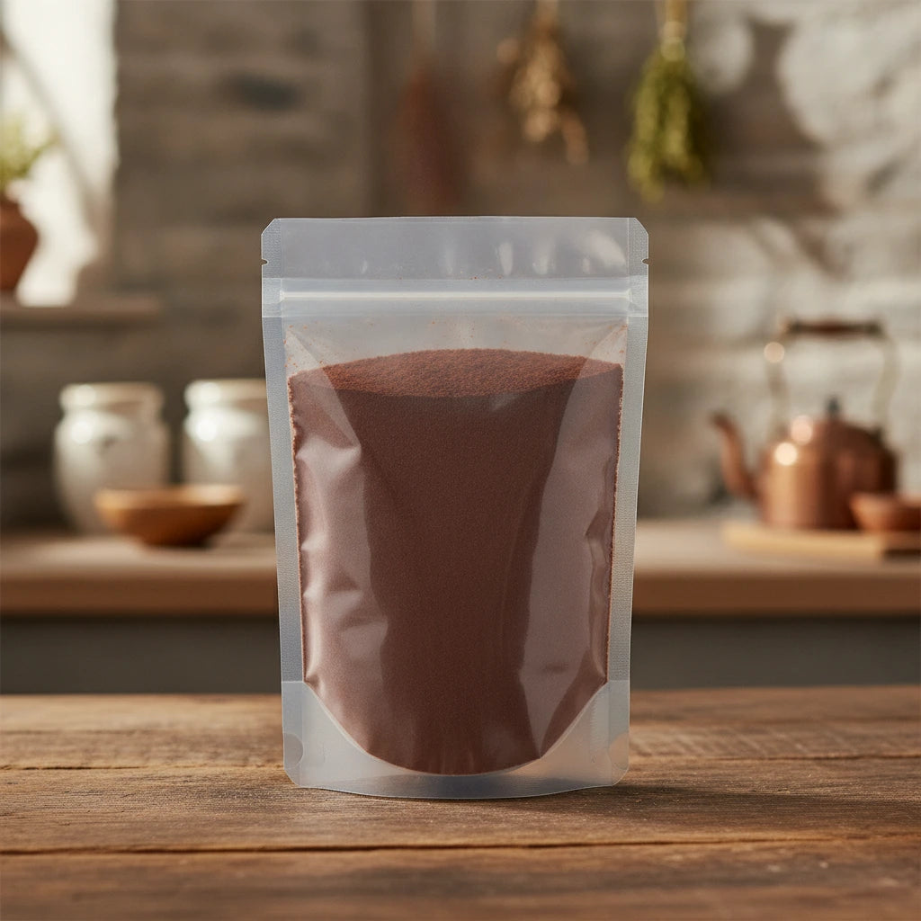 Carob Roasted Powder (Ceratonia Siliqua) | The herb/berry/powder/fruit/root/bark that is in the black bowl, i would like it to shown in a plastic stand up resalable pouch that is clear.