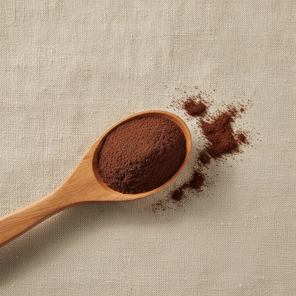 Carob Roasted Powder (Ceratonia Siliqua) | Create a luxurious, photorealistic product photograph featuring the original product naturally arranged in an elegant handcrafted wooden spoon on a soft, finely