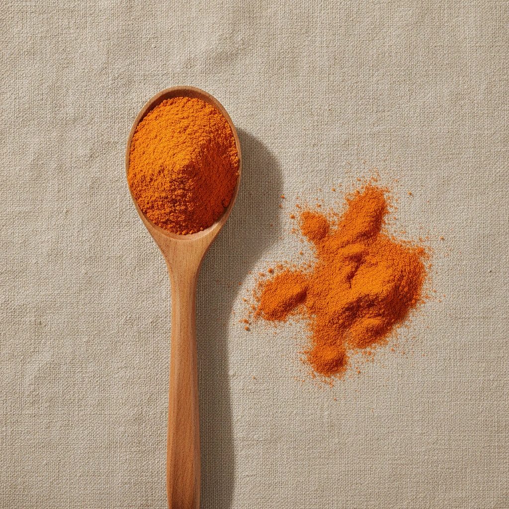 Carrot Juice Powder (Daucus Carota) | Create a luxurious, photorealistic product photograph featuring the original product naturally arranged in an elegant handcrafted wooden spoon on a soft, finely