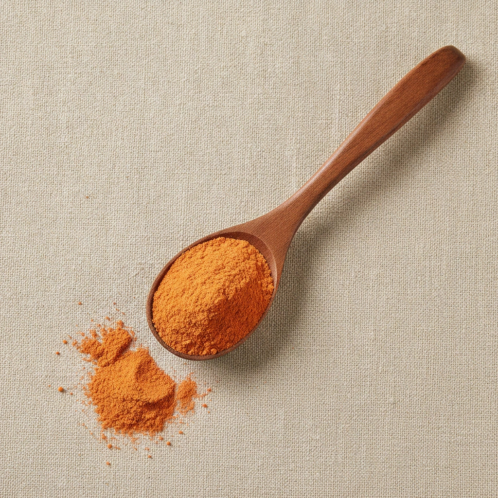Carrot Powder (Daucus Carota) | Create a luxurious, photorealistic product photograph featuring the original product naturally arranged in an elegant handcrafted wooden spoon on a soft, finely