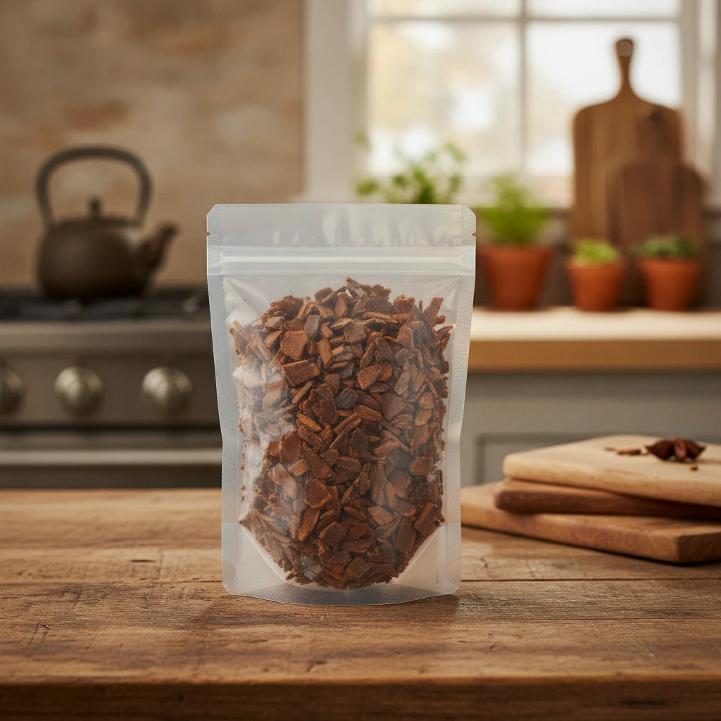 Cascara Sagrada Bark Cut (Rhamnus Purshiana) | The herb/berry/powder/fruit/root/bark that is in the black bowl, i would like it to shown in a plastic stand up resalable pouch that is clear.