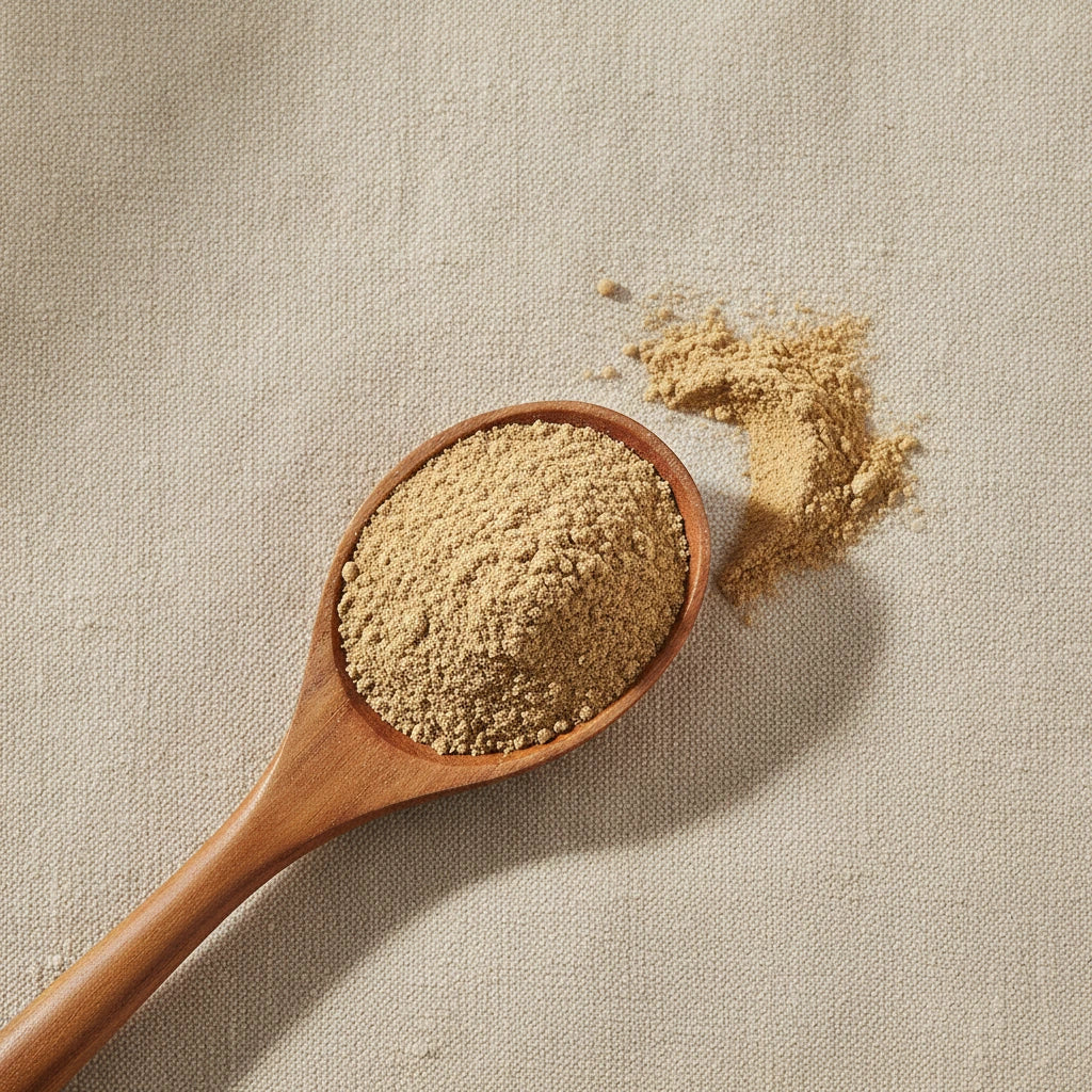 Cascara Sagrada Bark Powder (Rhamnus Purshiana) | Create a luxurious, photorealistic product photograph featuring the original product naturally arranged in an elegant handcrafted wooden spoon on a soft, finely