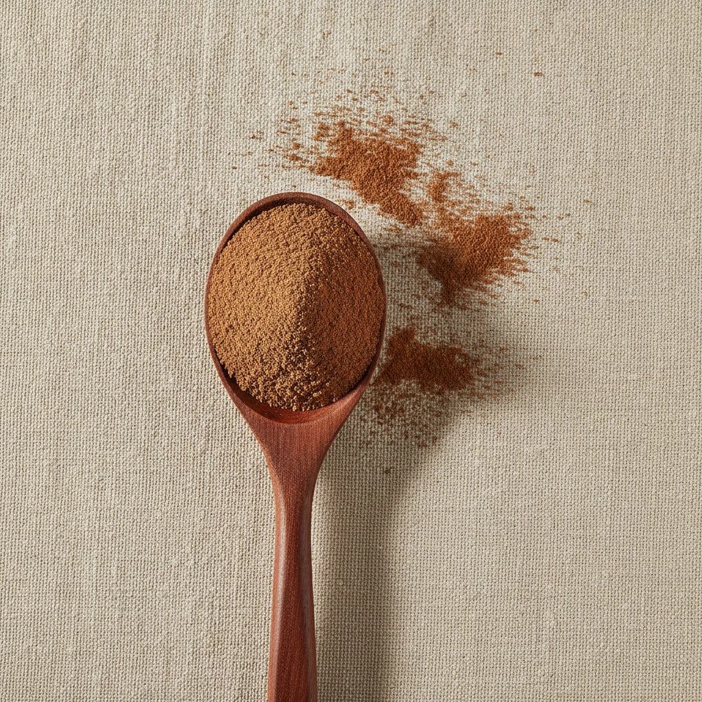 Cat's Claw Bark Powder (Uncaria Tomentosa) | Create a luxurious, photorealistic product photograph featuring the original product naturally arranged in an elegant handcrafted wooden spoon on a soft, finely