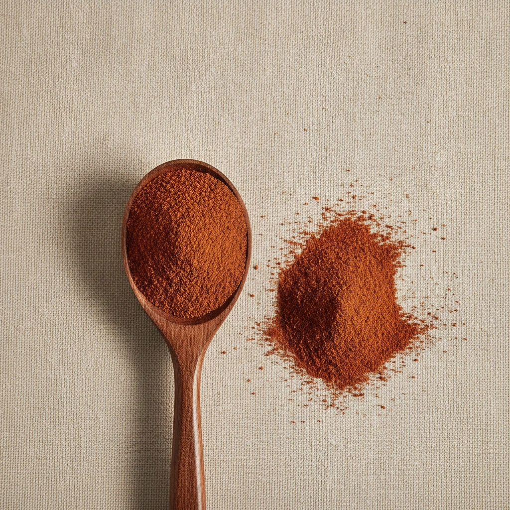 Catuaba Bark Powder (Erythroxylum Catuaba) | Create a luxurious, photorealistic product photograph featuring the original product naturally arranged in an elegant handcrafted wooden spoon on a soft, finely