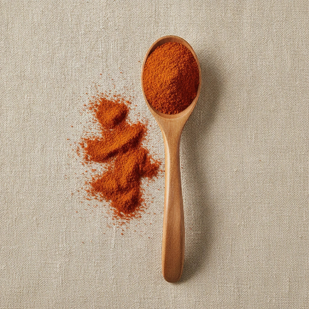 Cayenne Pepper Ground (30,000 HU) (Capsicum Annuum) | Create a luxurious, photorealistic product photograph featuring the original product naturally arranged in an elegant handcrafted wooden spoon on a soft, finely