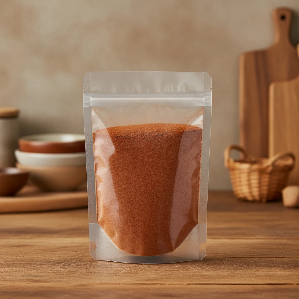 Cayenne Pepper Ground (60,000 HU) (Capsicum Annuum) | The herb/berry/powder/fruit/root/bark that is in the black bowl, i would like it to shown in a plastic stand up resalable pouch that is clear.