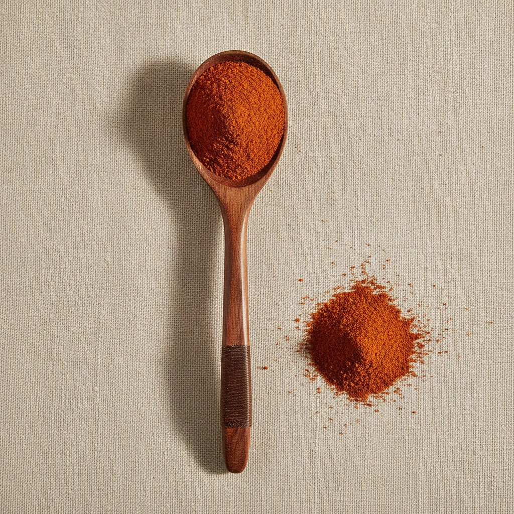Cayenne Pepper Ground (60,000 HU) (Capsicum Annuum) | Create a luxurious, photorealistic product photograph featuring the original product naturally arranged in an elegant handcrafted wooden spoon on a soft, finely