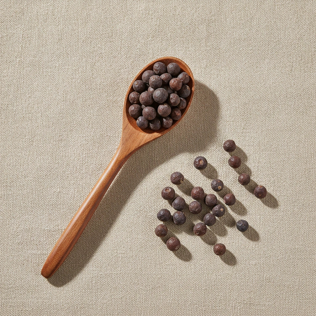 Cedar Berries Whole (Juniperus Monosperma) | Create a luxurious, photorealistic product photograph featuring the original product naturally arranged in an elegant handcrafted wooden spoon on a soft, finely