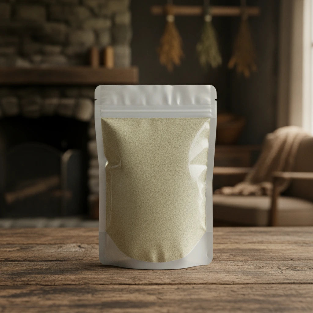 Celery Salt | The herb/berry/powder/fruit/root/bark that is in the black bowl, i would like it to shown in a plastic stand up resalable pouch that is clear.