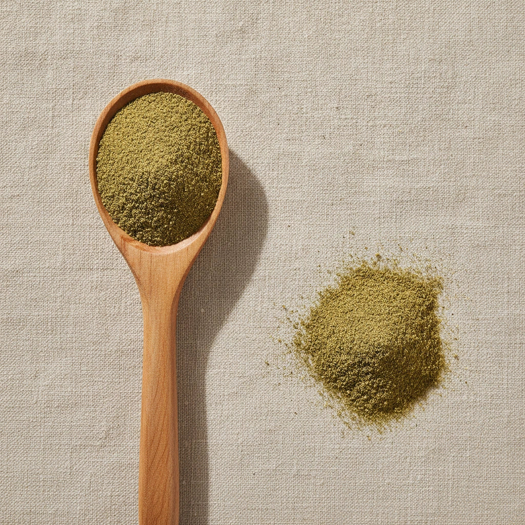 Celery Seed Powder (Apium Graveolens) | Create a luxurious, photorealistic product photograph featuring the original product naturally arranged in an elegant handcrafted wooden spoon on a soft, finely