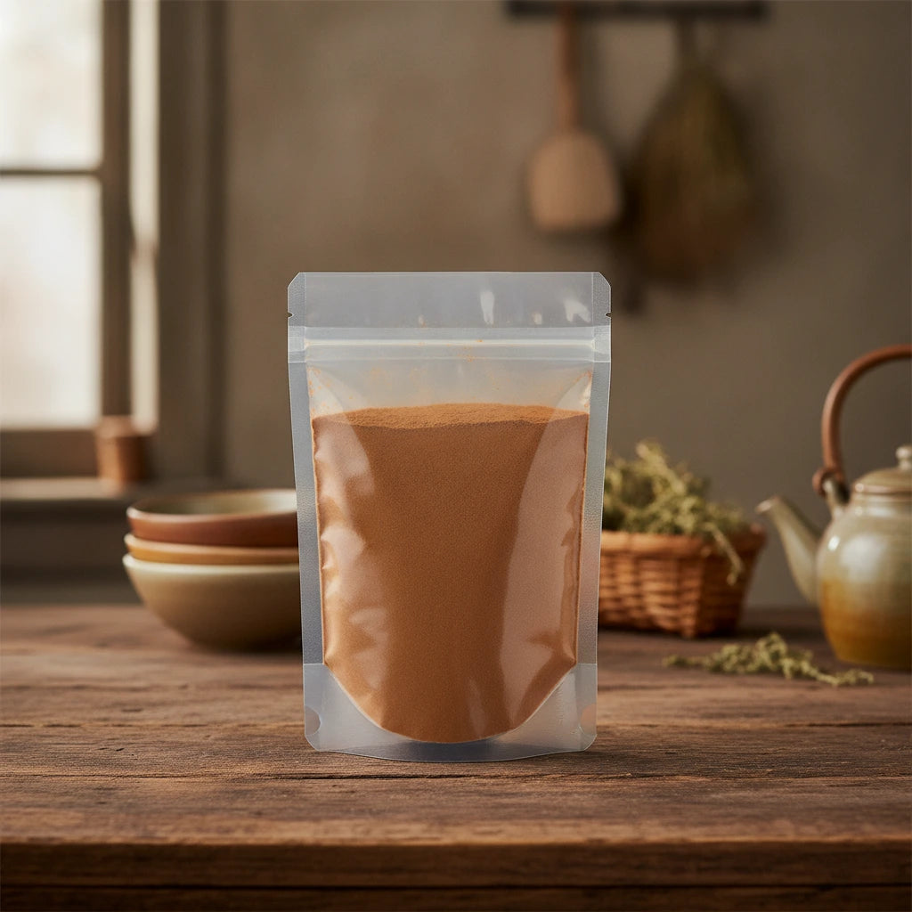Ceylon Cinnamon Powder (Cinnamomum Verum) | The herb/berry/powder/fruit/root/bark that is in the black bowl, i would like it to shown in a plastic stand up resalable pouch that is clear.