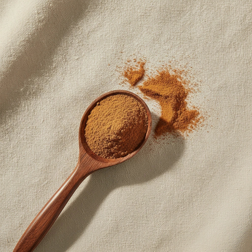 Ceylon Cinnamon Powder (Cinnamomum Verum) | Create a luxurious, photorealistic product photograph featuring the original product naturally arranged in an elegant handcrafted wooden spoon on a soft, finely