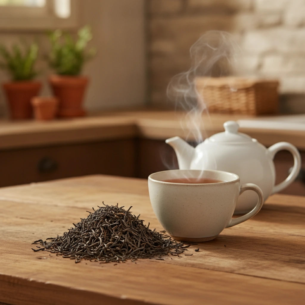 Ceylon Supreme Tea (Camellia Sinensis) | Can you show this tea outside of the bag and bowl, on a table next to a hot tea cup in a rustic home.