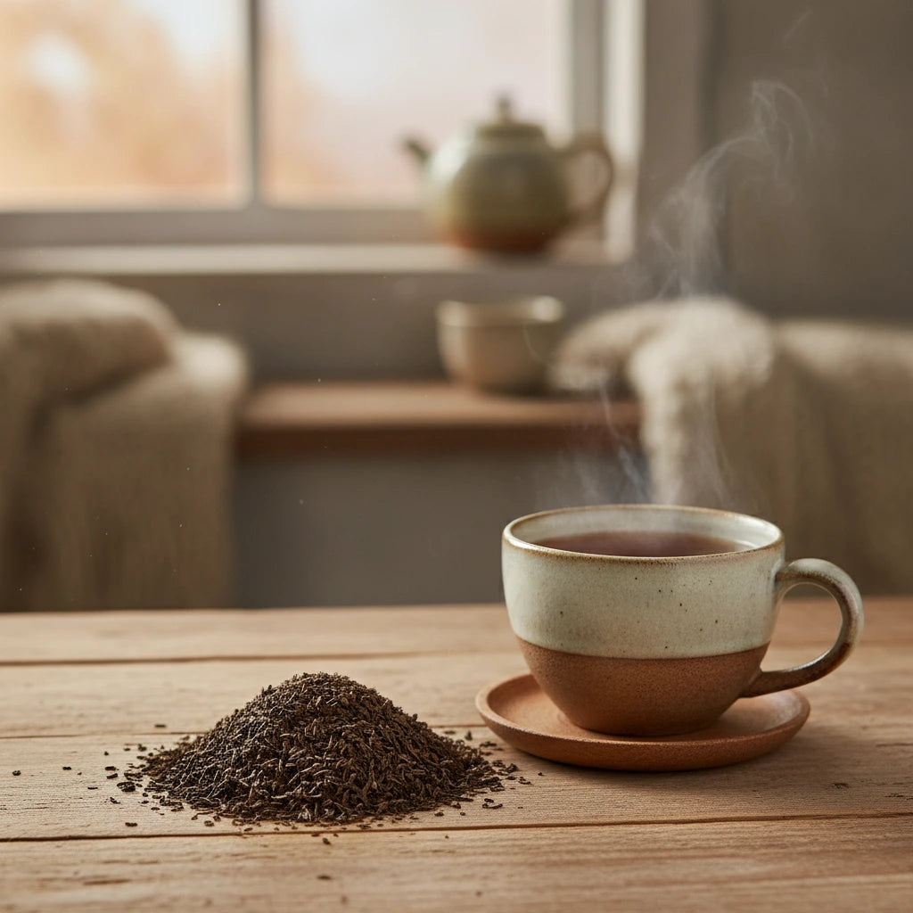 Ceylon Tea (Camellia Sinensis) | Can you show this tea outside of the bag and bowl, on a table next to a hot tea cup in a rustic home.