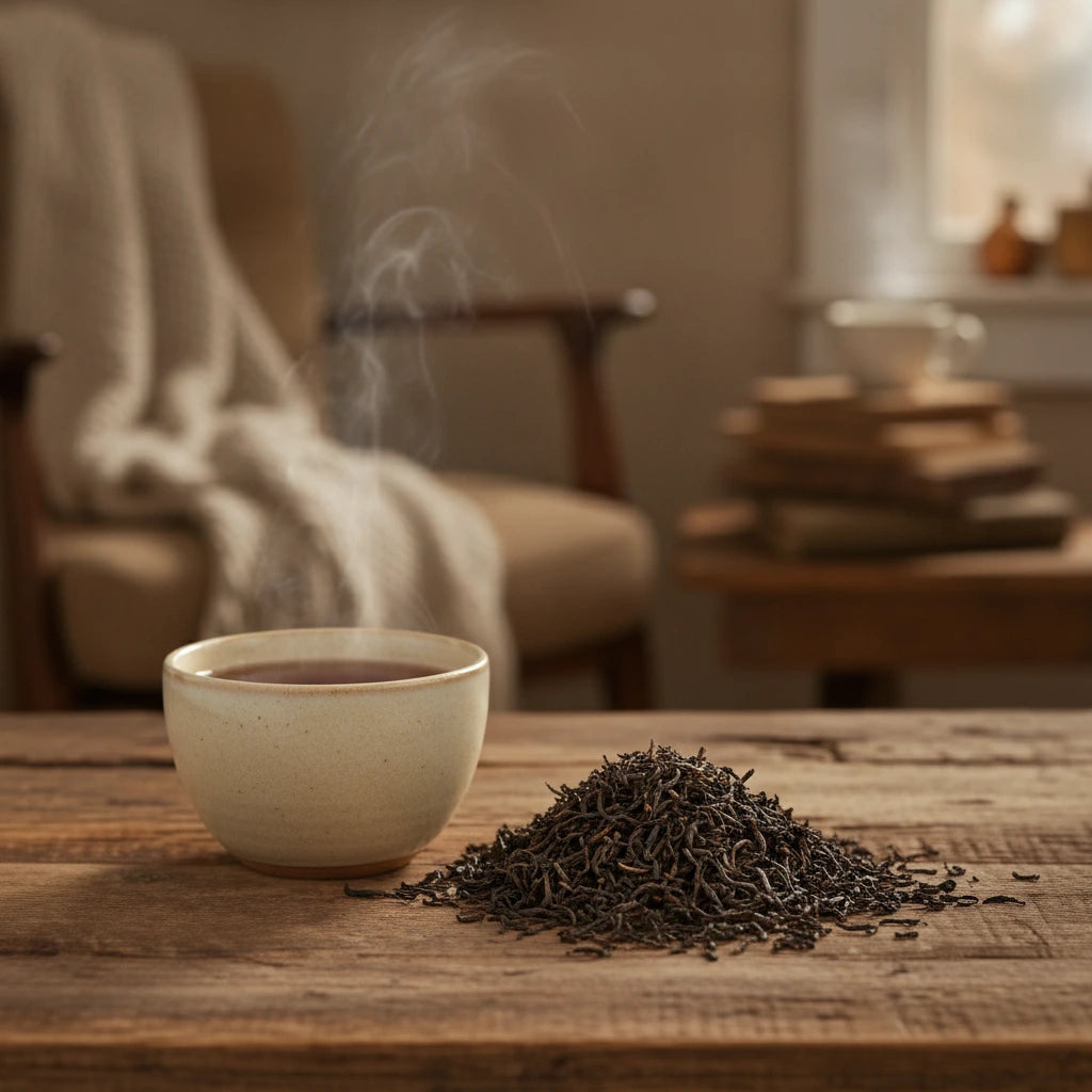 Ceylon Tea (Decaffeinated) (Camellia Sinensis) | Can you show this tea outside of the bag and bowl, on a table next to a hot tea cup in a rustic home.