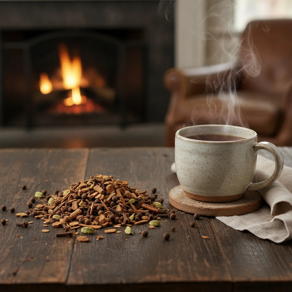 Chai Masala Tea | Can you show this tea outside of the bag and bowl, on a table next to a hot tea cup in a rustic home.
