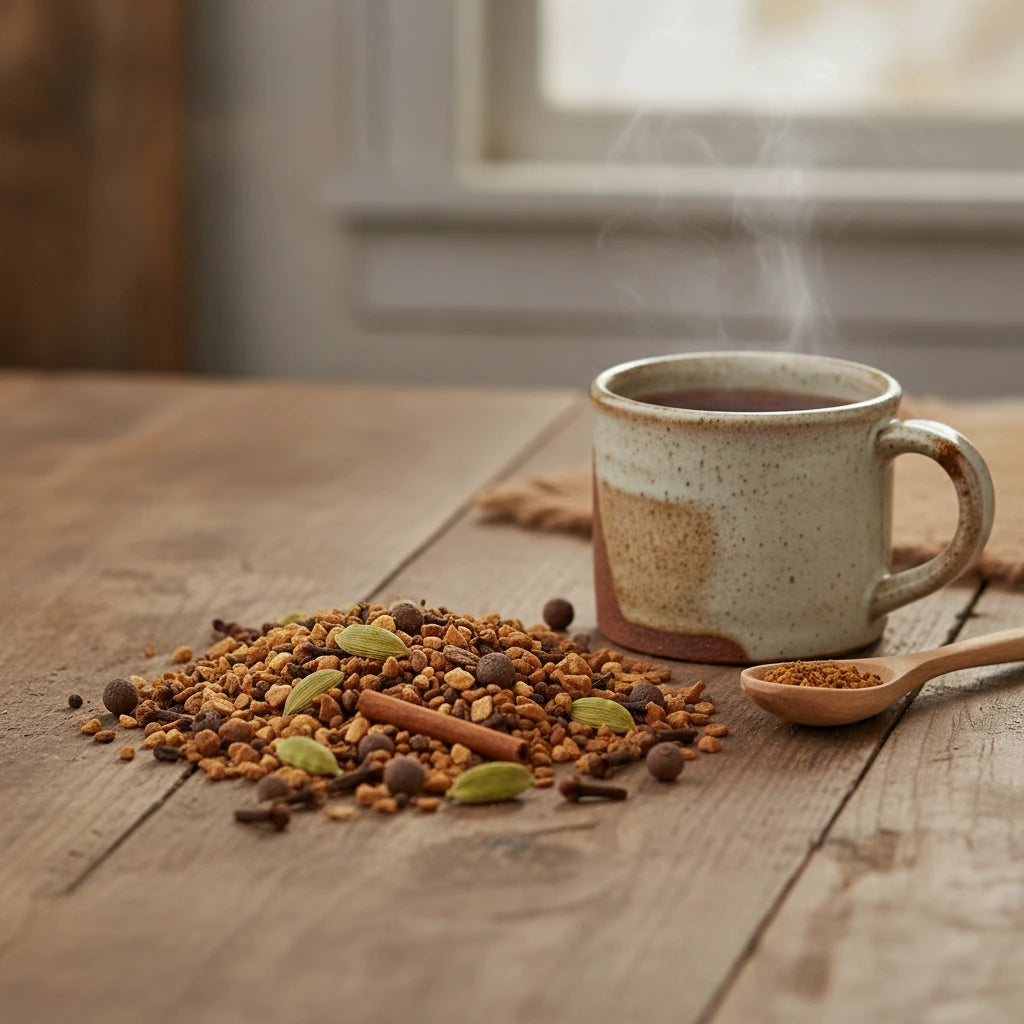 Chai Tea | Can you show this tea outside of the bag and bowl, on a table next to a hot tea cup in a rustic home.