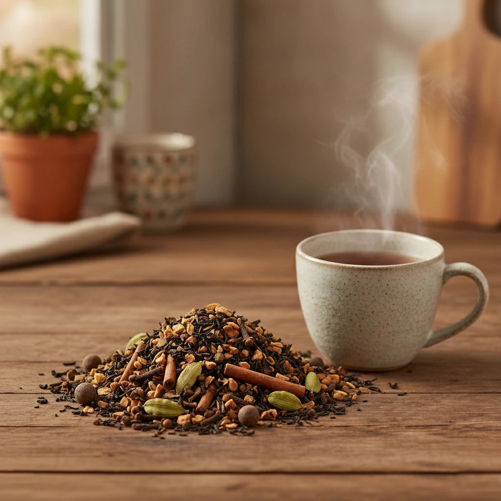 Chai Tea (Camellia Sinensis) | Can you show this tea outside of the bag and bowl, on a table next to a hot tea cup in a rustic home.