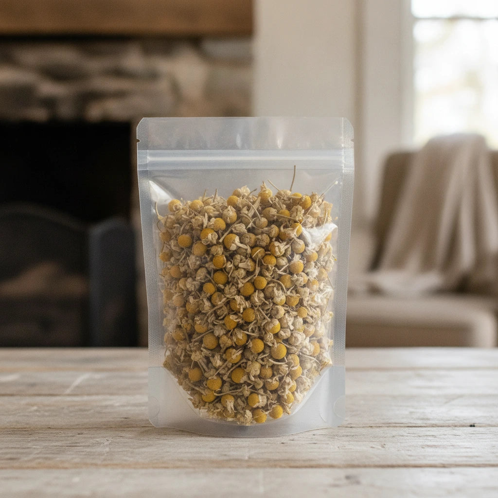 Chamomile Flowers Whole (Matricaria Camomilla) | The herb/berry/powder/fruit/root/bark that is in the black bowl, i would like it to shown in a plastic stand up resalable pouch that is clear.