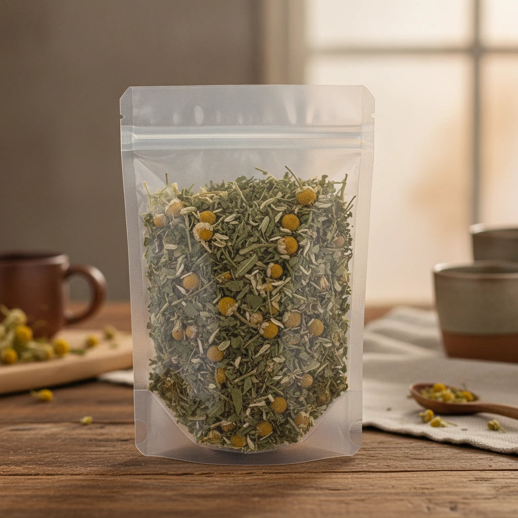 Chamomint Herbal Tea | The herb/powder/tea that is in the black bowl, i would like it to shown in a plastic stand up resalable bag that is clear.