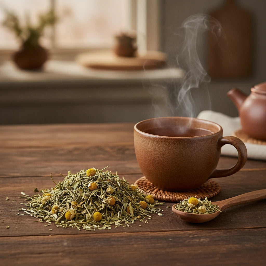 Chamomint Herbal Tea | Can you show this tea outside of the bag and bowl, on a table next to a hot tea cup in a rustic home.