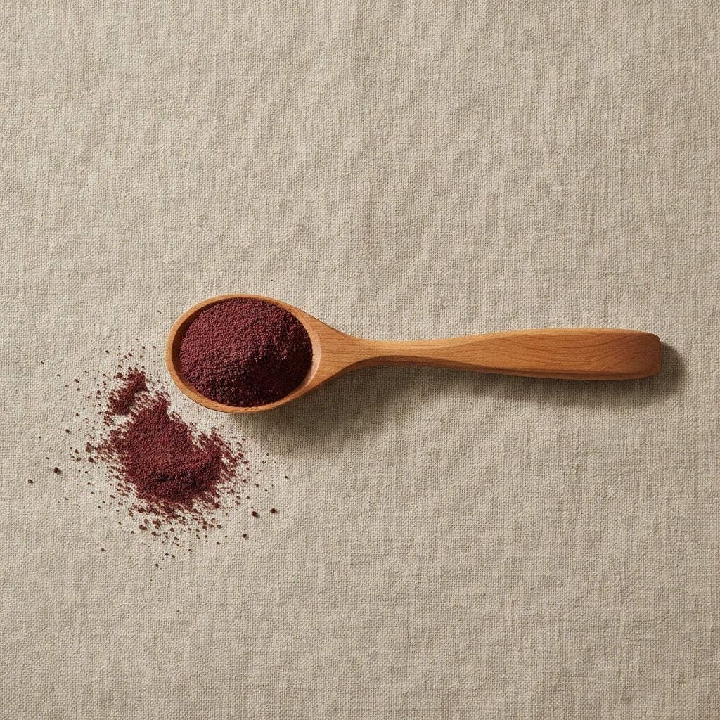 Chaste Berry Powder (Vitex Agnus-Castus) | Create a luxurious, photorealistic product photograph featuring the original product naturally arranged in an elegant handcrafted wooden spoon on a soft, finely