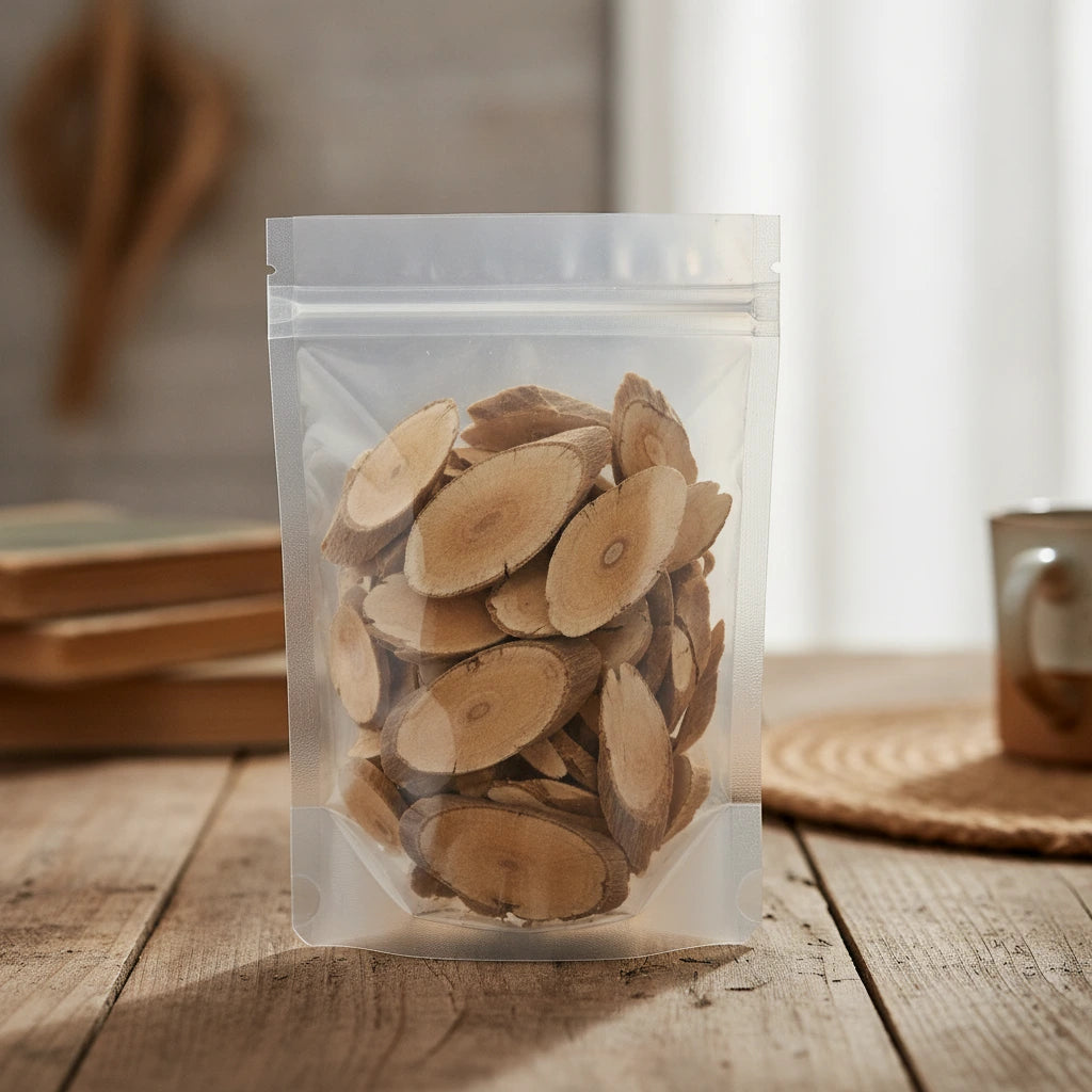Cherokee Rose Root Slice (Rosa Laevigata) | The herb/berry/powder/fruit/root/bark that is in the black bowl, i would like it to shown in a plastic stand up resalable pouch that is clear.