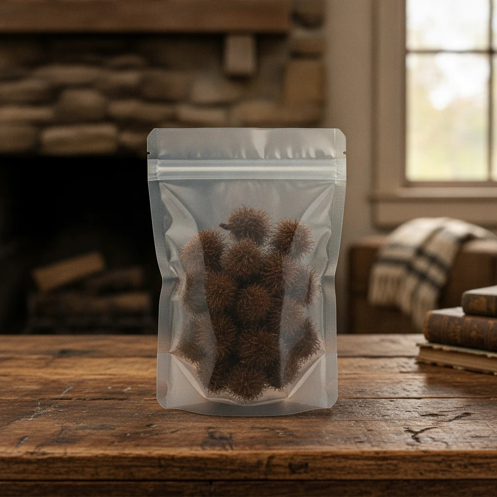 Chestnut Husk Whole (Castanea Mollissima) | The herb/berry/powder/fruit/root/bark that is in the black bowl, i would like it to shown in a plastic stand up resalable pouch that is clear.