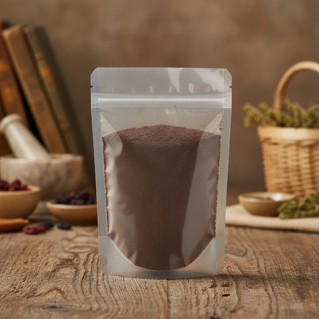 Chia Protein Powder (Salvia Hispanica) | The herb/berry/powder/fruit/root/bark that is in the black bowl, i would like it to shown in a plastic stand up resalable pouch that is clear.