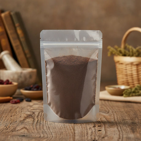 Chia Protein Powder (Salvia Hispanica) | The herb/berry/powder/fruit/root/bark that is in the black bowl, i would like it to shown in a plastic stand up resalable pouch that is clear.